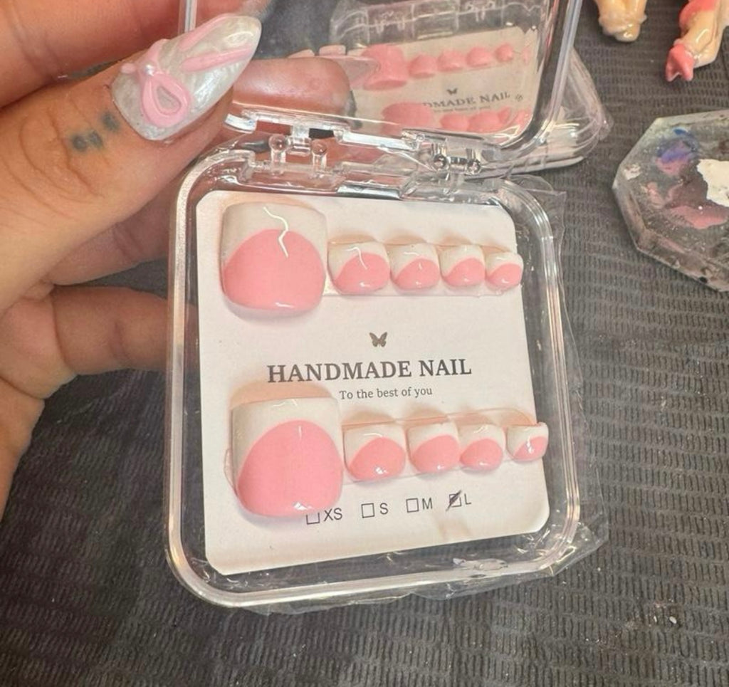 Handmade Press On Toenails - Y2K Baby Pink Thick White French