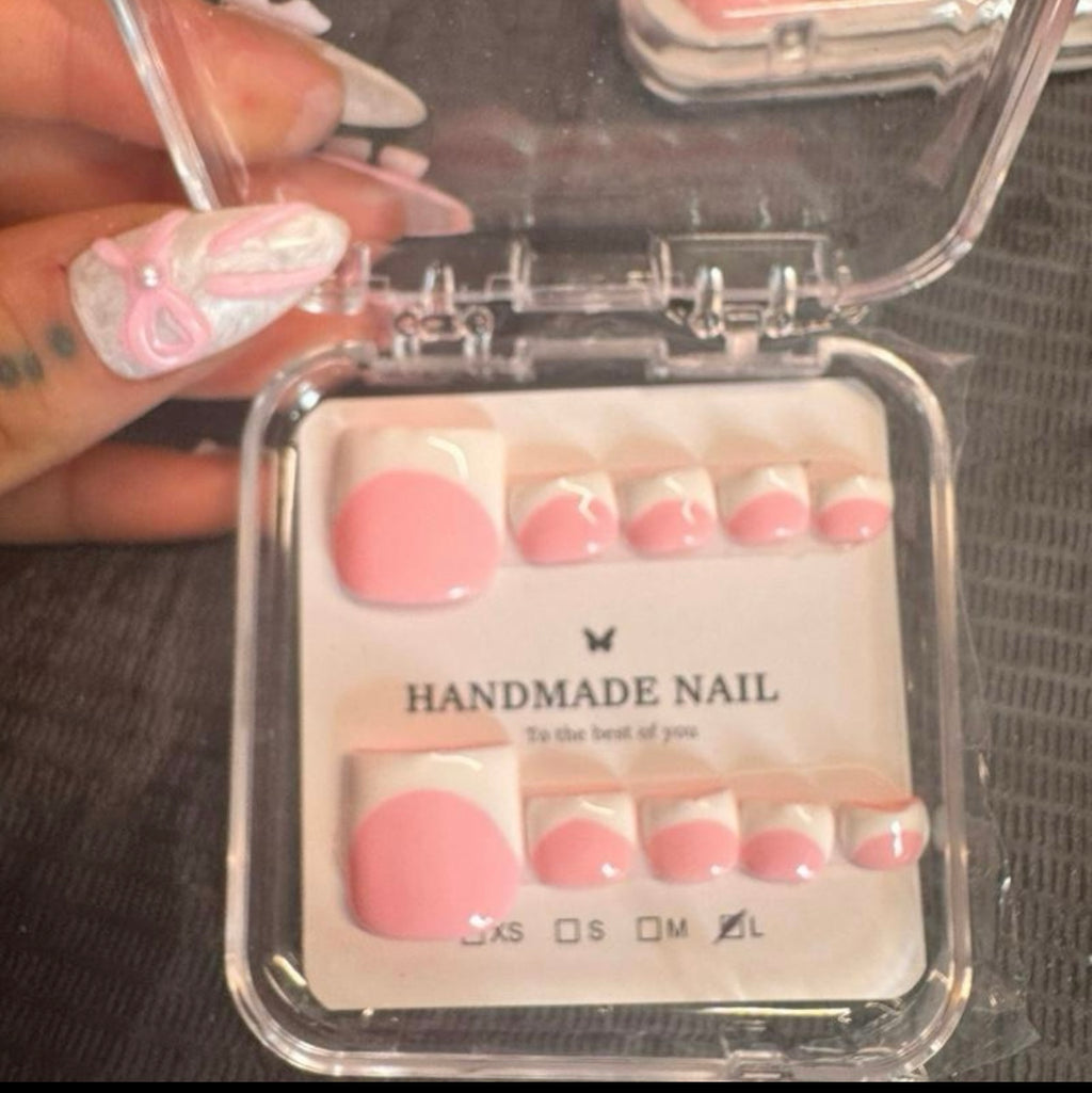 Handmade Press On Toenails - Y2K Baby Pink Thick White French