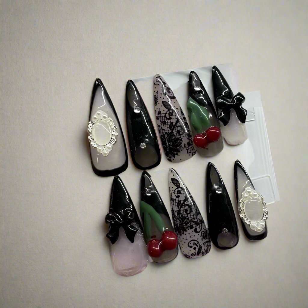 Goth Cherry Lace Press-On Nails – Black Bow & Cameo Gothic Glam Set | Badbpressed