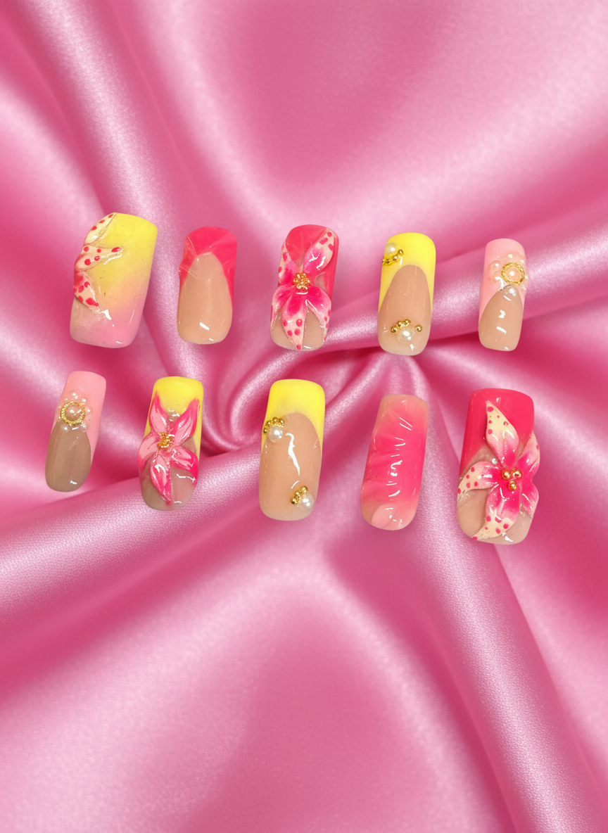 Tropical Bloom Press-On Nail Set – 3D Floral Coral & Lemon Ombre