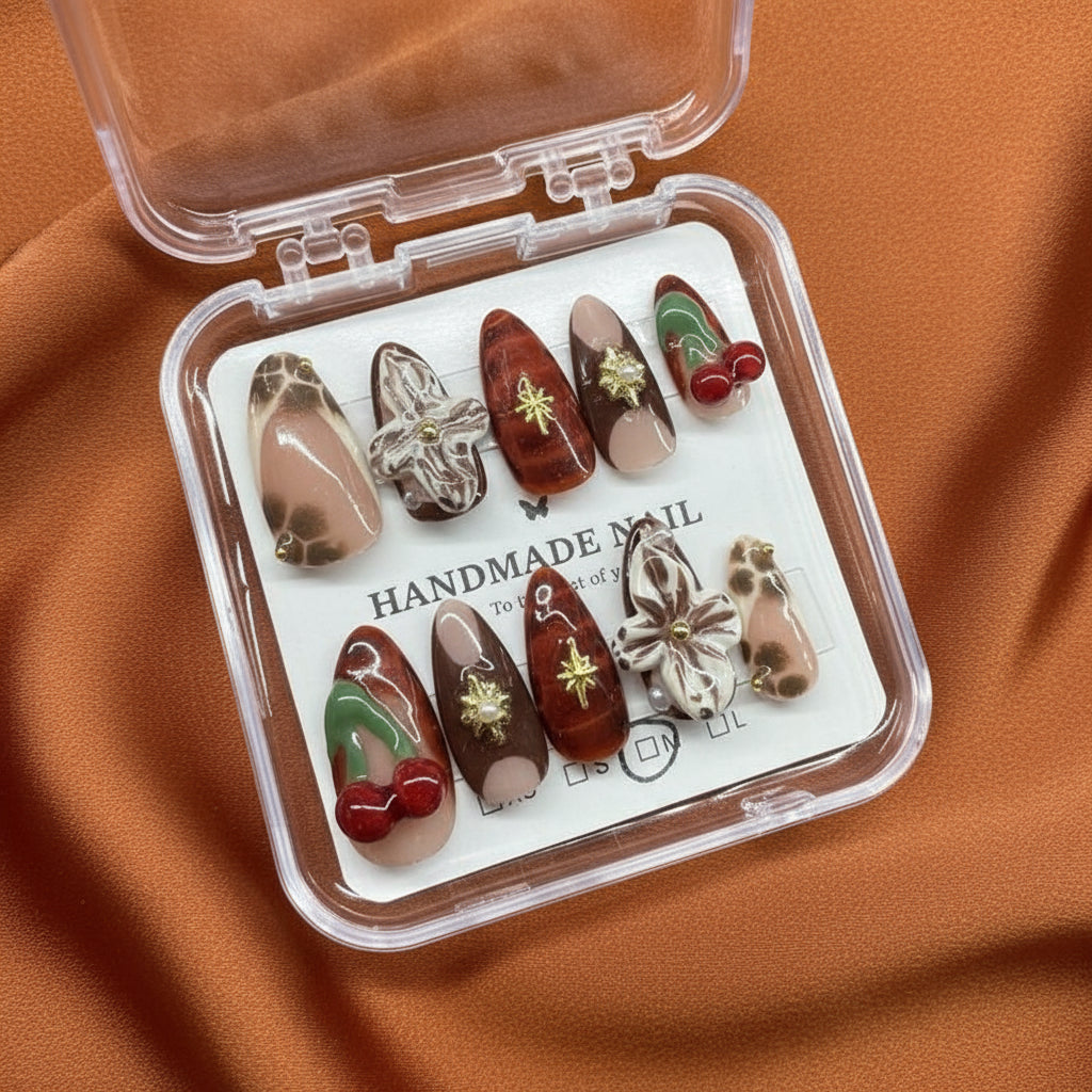 Handmade Press On Nails - Nude 3D Cherries & Viral 3D Flower