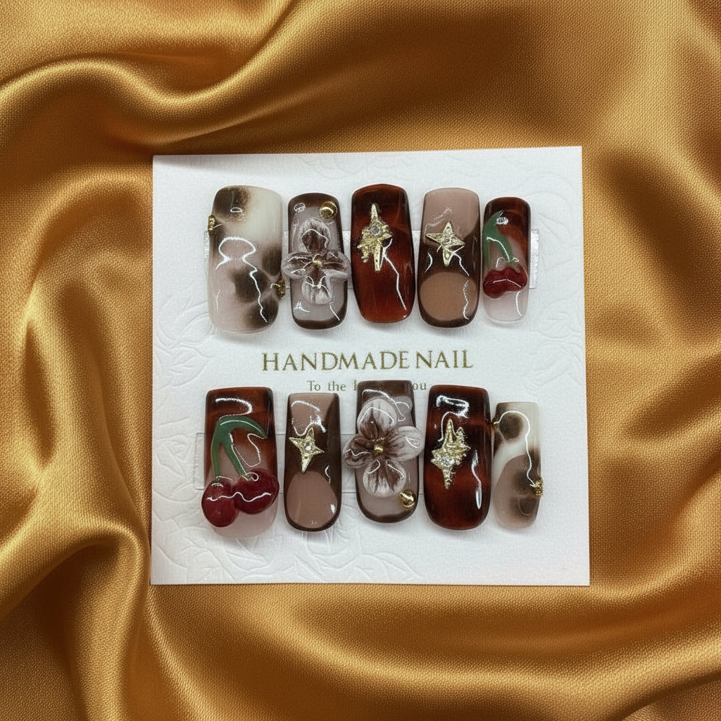 Handmade Press On Nails - Nude 3D Cherries & Viral 3D Flower