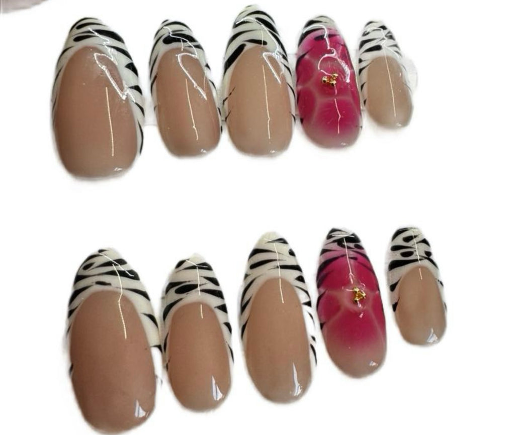 Handmade Press On Nails - Zebra Pink Paradise - Zebra Print Nails