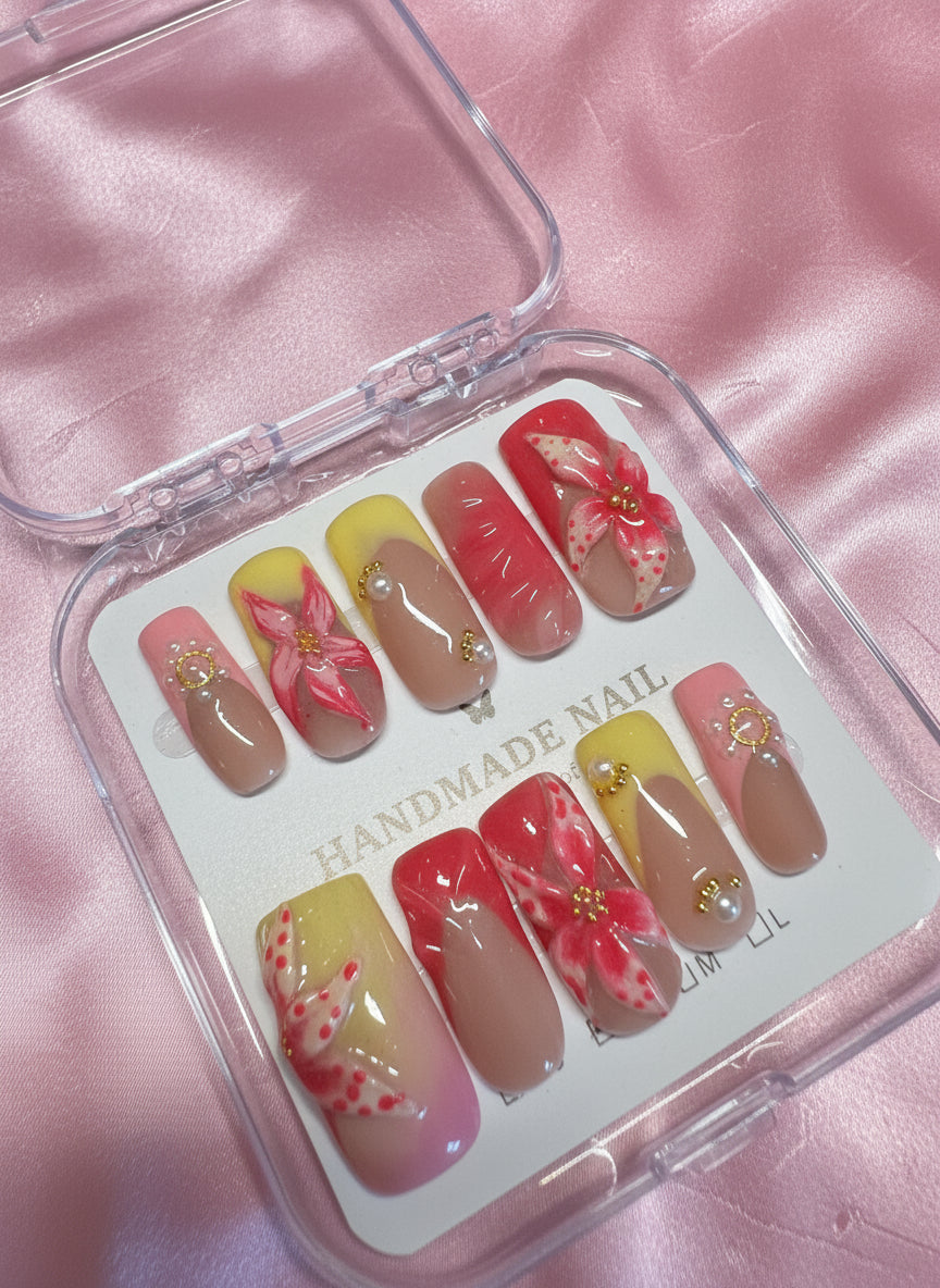 Tropical Bloom Press-On Nail Set – 3D Floral Coral & Lemon Ombre