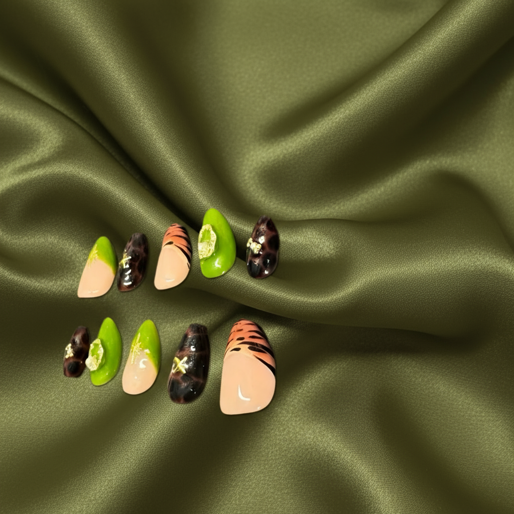 Tortoiseshell & Lime Luxe Press-On Nails – Animal Print Meets Gold Glam | Badbpressed