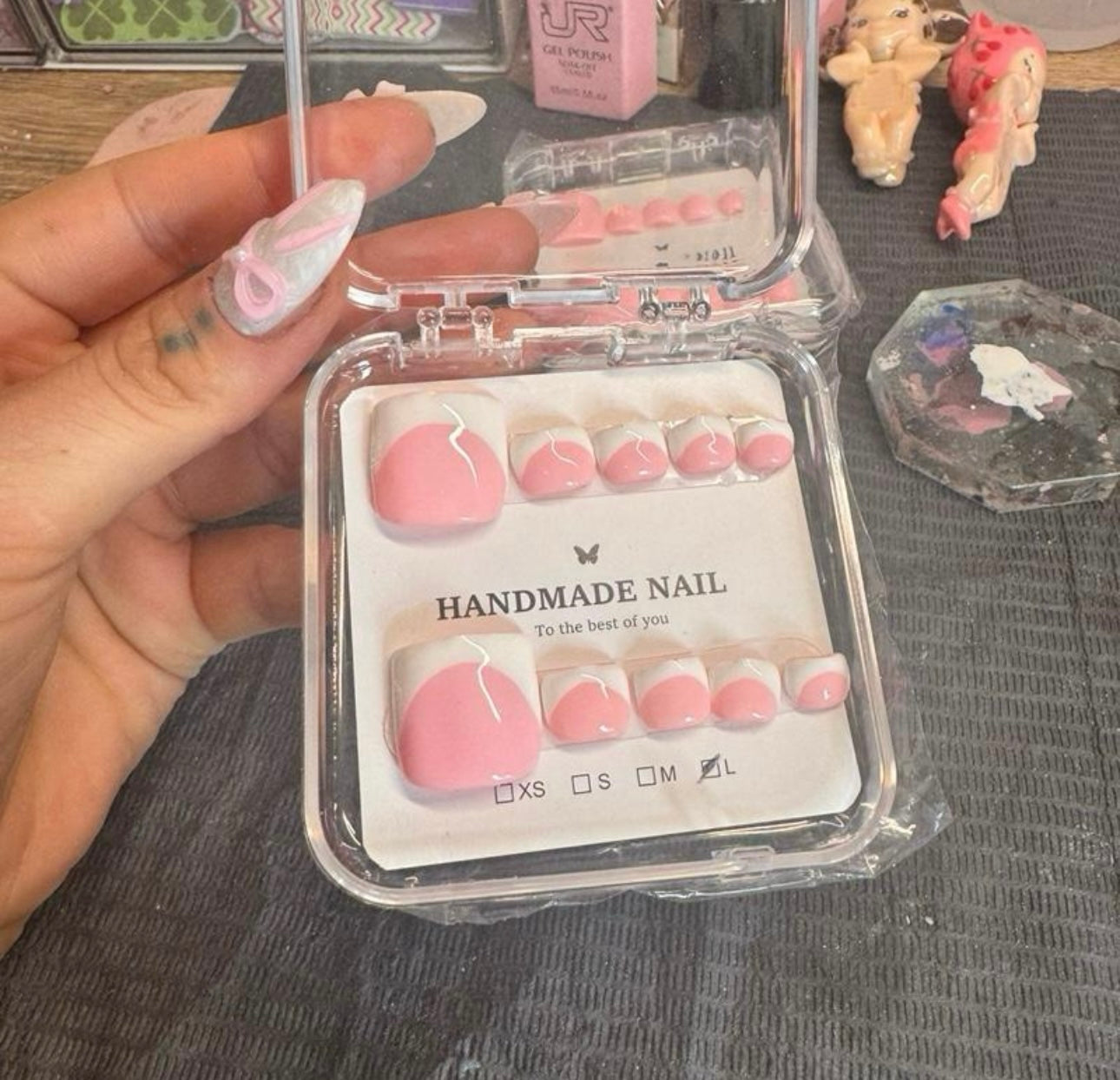Handmade Press On Toenails - Y2K Baby Pink Thick White French