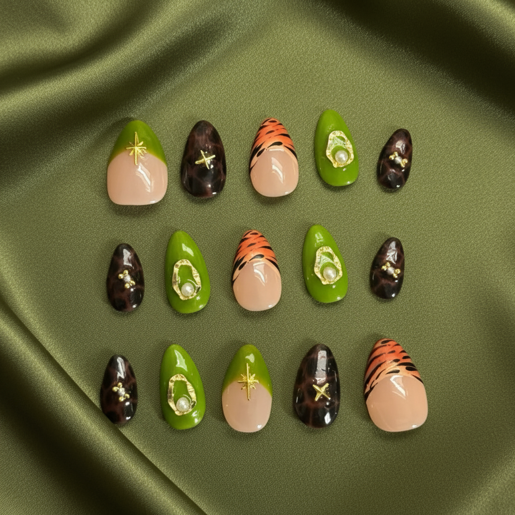 Tortoiseshell & Lime Luxe Press-On Nails – Animal Print Meets Gold Glam | Badbpressed