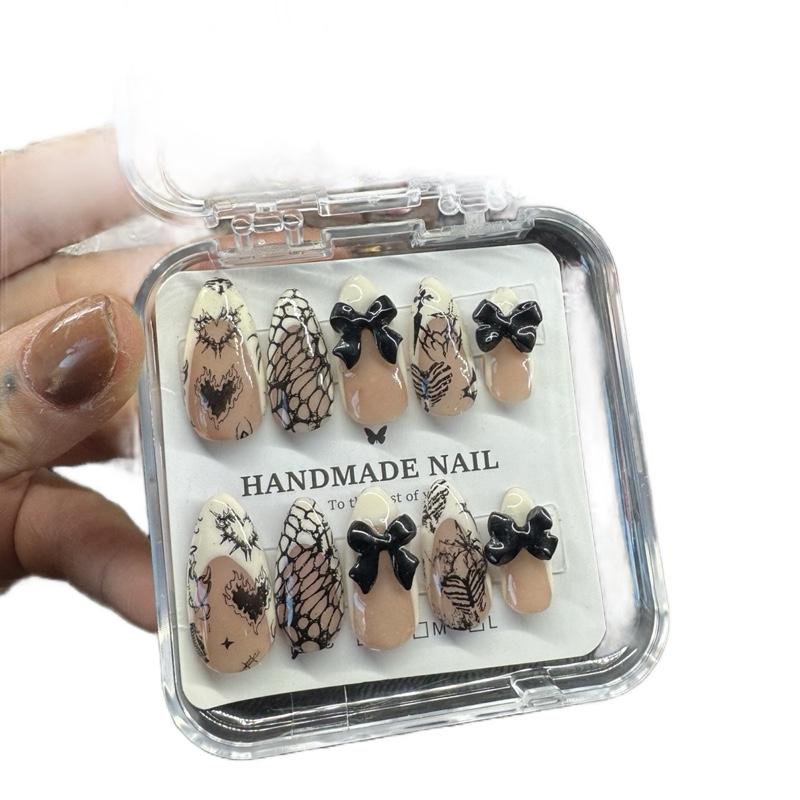 Handmade Press On Nails - White French Tattoo Design