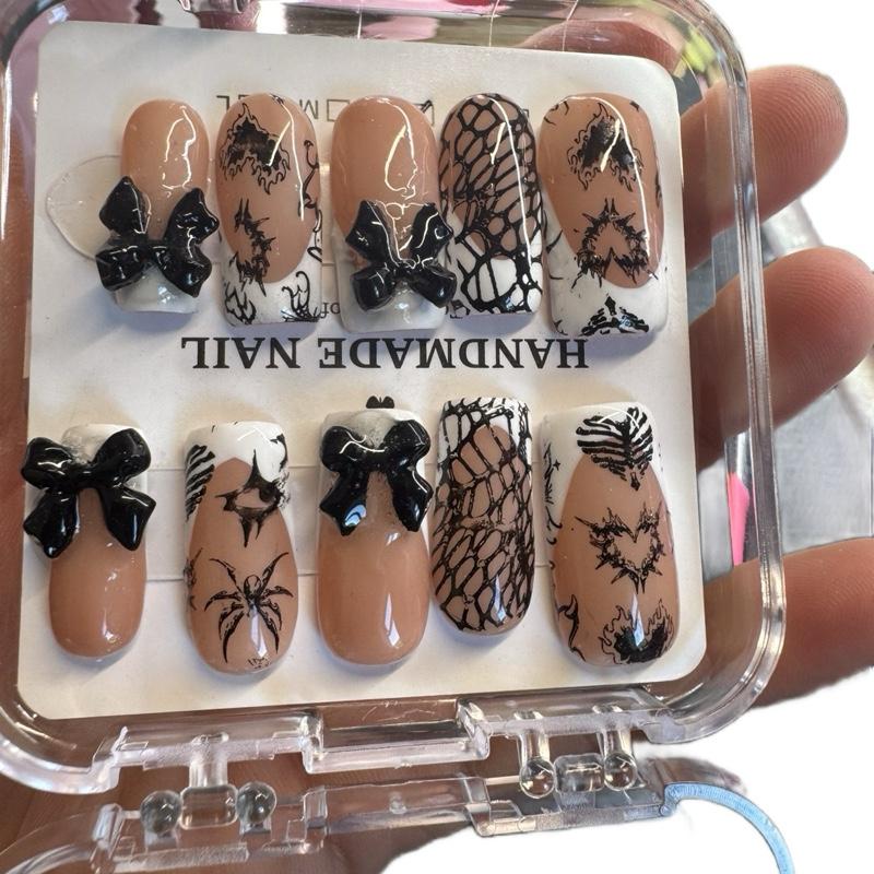 Handmade Press On Nails - White French Tattoo Design