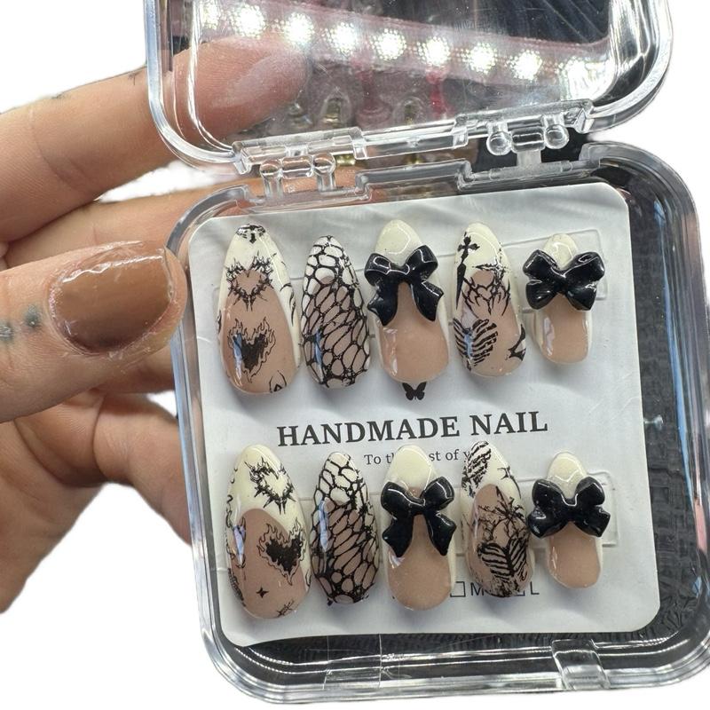 Handmade Press On Nails - White French Tattoo Design