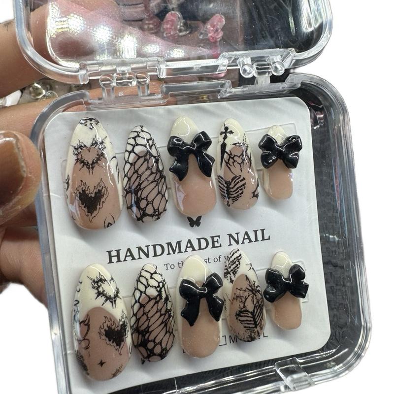 Handmade Press On Nails - White French Tattoo Design