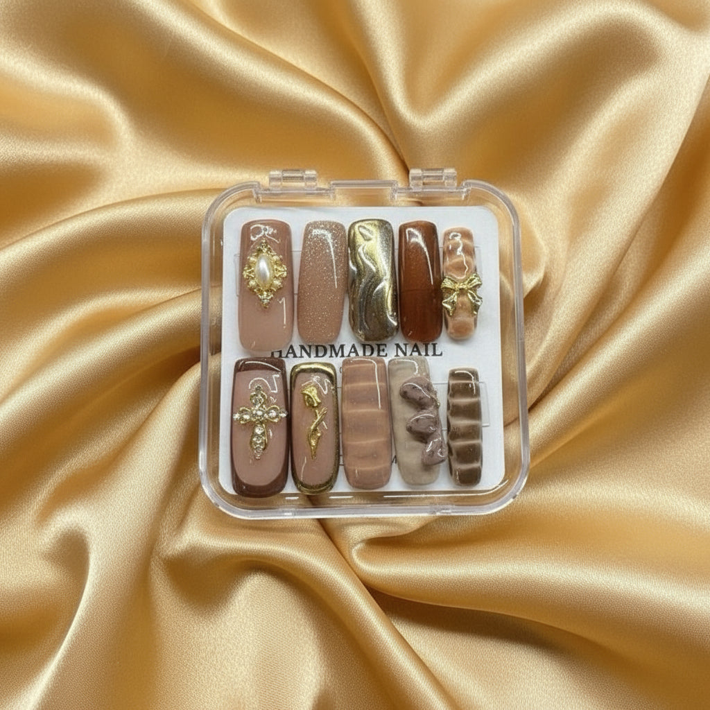 Handmade Press On Nails - Nude Gold - Multiple Lengths and Shapes