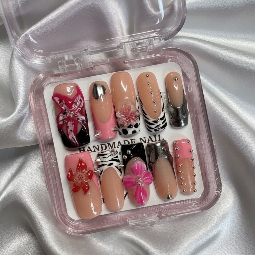 Handmade Press On Nails - Gothic Barbie Style Chrome Viral Nails