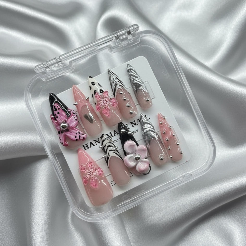 Handmade Press On Nails - Gothic Barbie Style Chrome Viral Nails