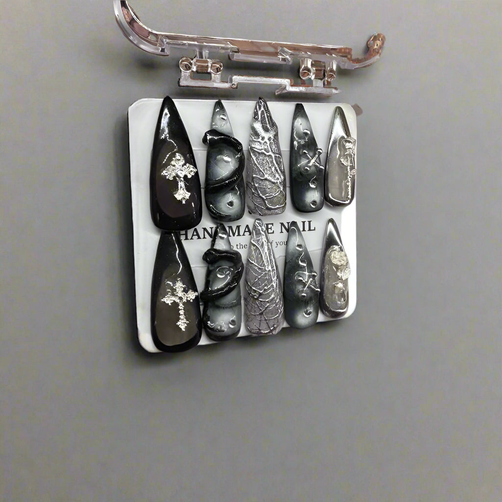 Handmade Press On Nails - Black and Silver Gothic Style