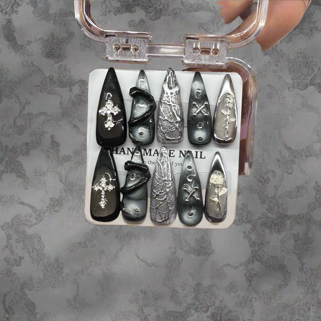 Handmade Press On Nails - Black and Silver Gothic Style