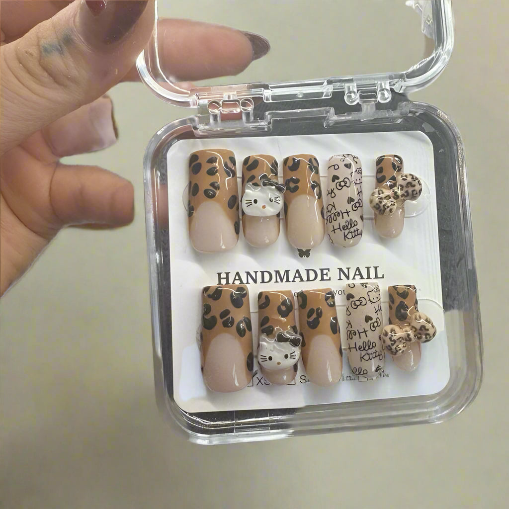 Handmade Press On Nails - Hello Kitty Leopard Print Nails