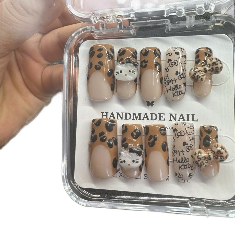 Handmade Press On Nails - Hello Kitty Leopard Print Nails