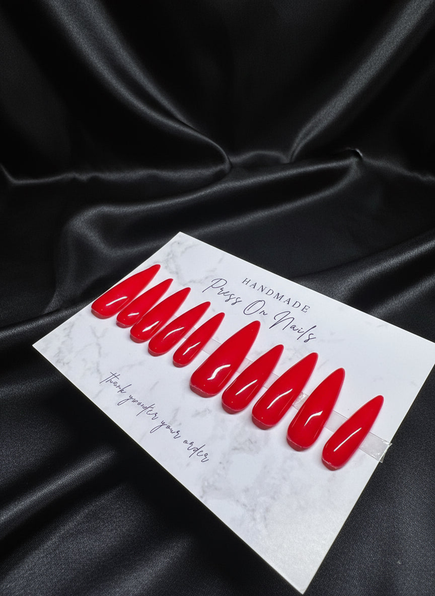 Handmade Acrylic-Strength Set| “Cherry Bomb” – Glossy Red Press-On Nails| Multiple Shapes & Lengths