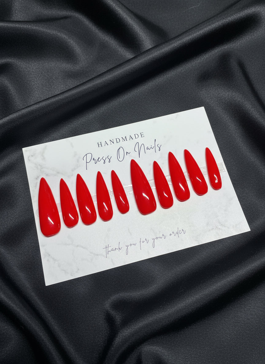 Handmade Acrylic-Strength Set| “Cherry Bomb” – Glossy Red Press-On Nails| Multiple Shapes & Lengths