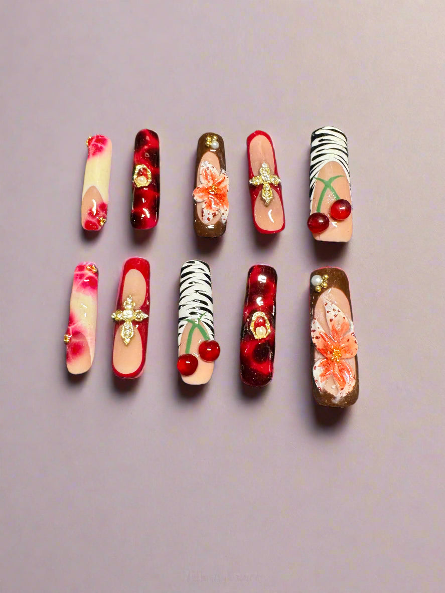 Handmade Press On Nails - Zebra - 3D Viral Flower Cherry
