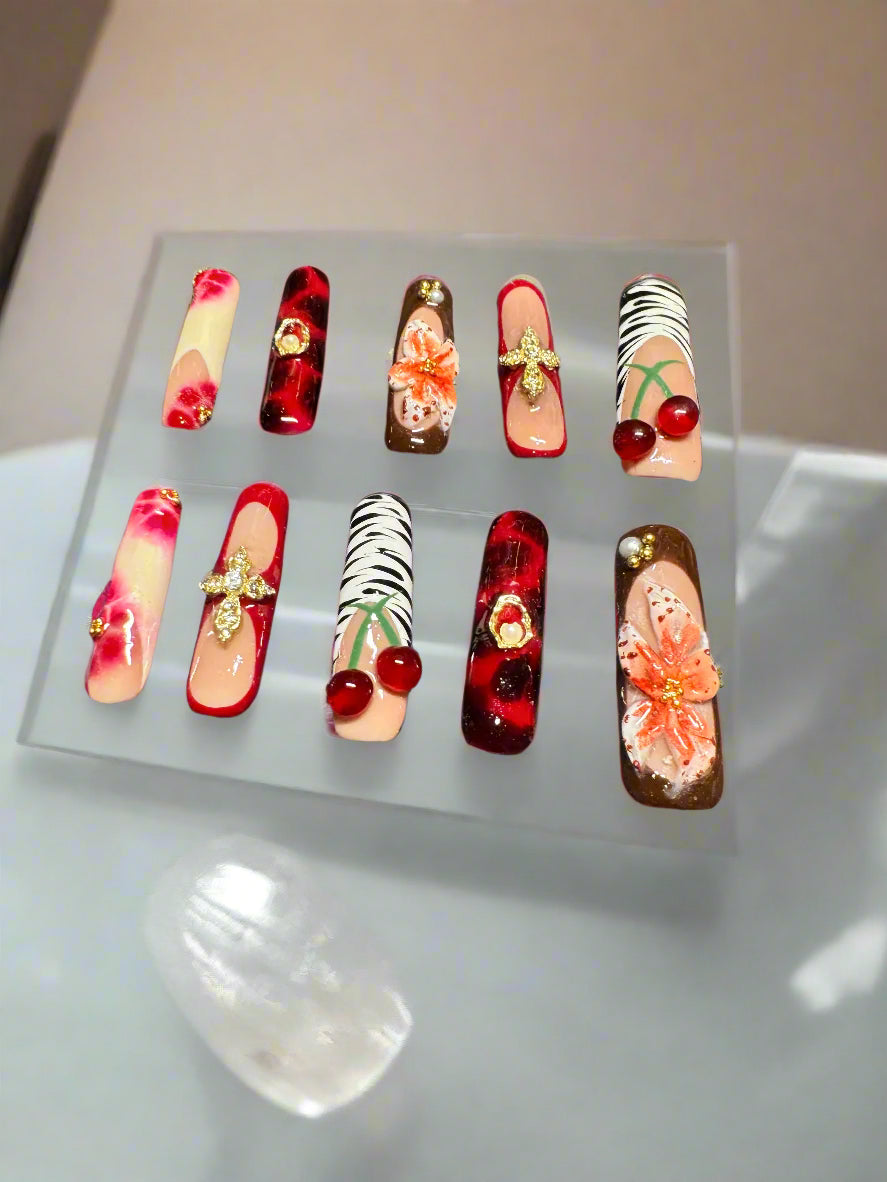 Handmade Press On Nails - Zebra - 3D Viral Flower Cherry