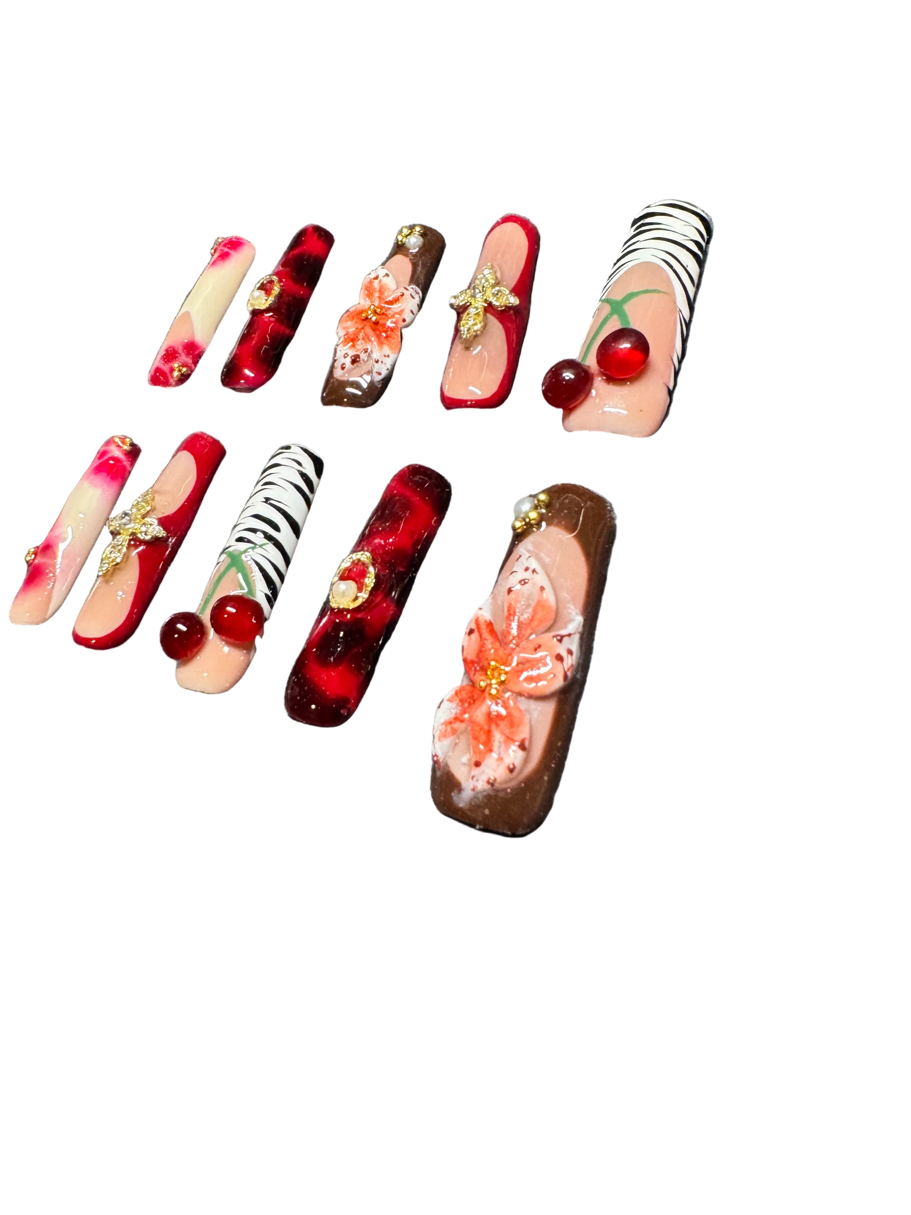 Handmade Press On Nails - Zebra - 3D Viral Flower Cherry