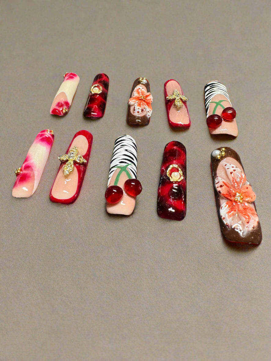 Handmade Press On Nails - Zebra - 3D Viral Flower Cherry