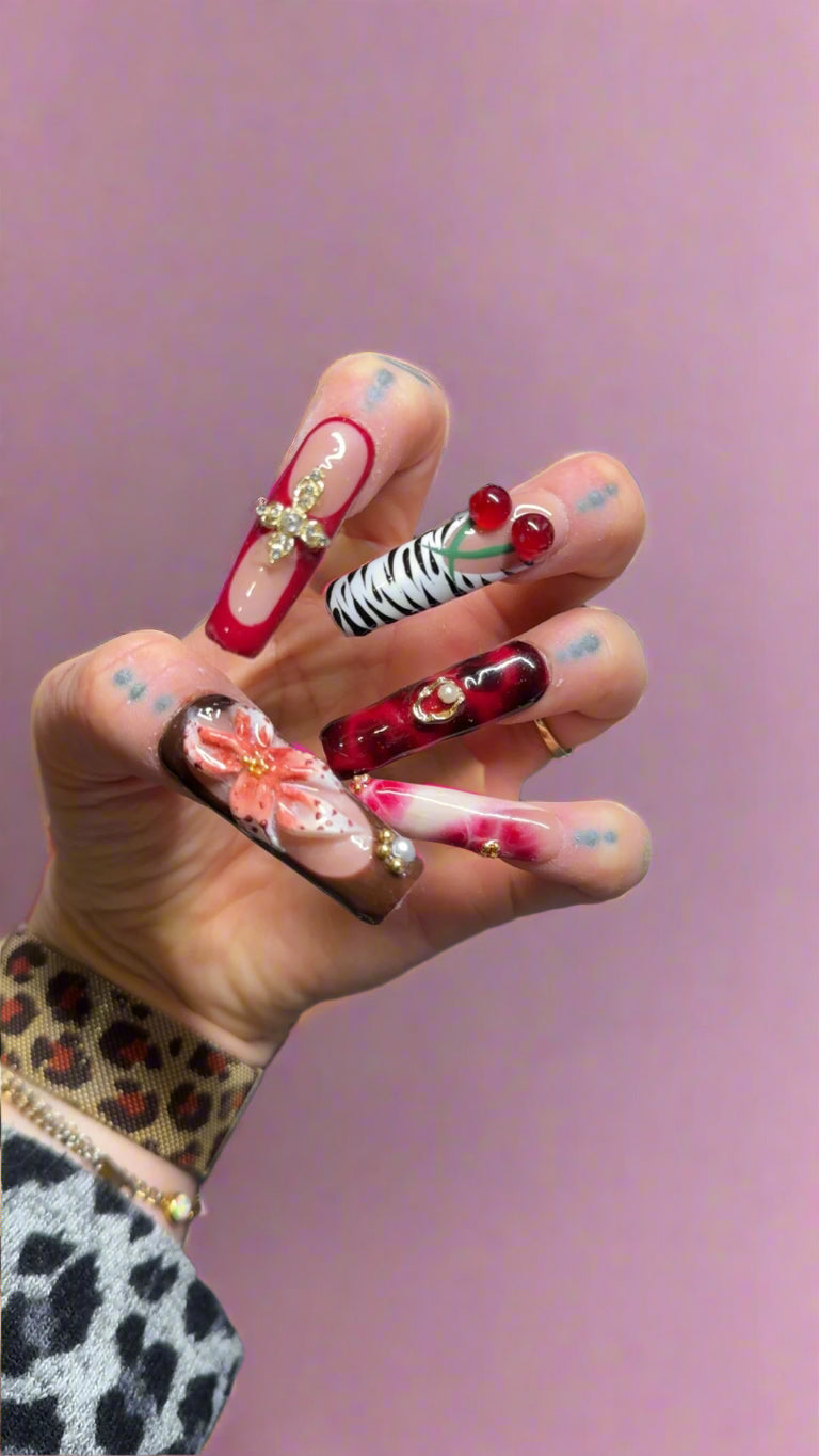 Handmade Press On Nails - Zebra - 3D Viral Flower Cherry