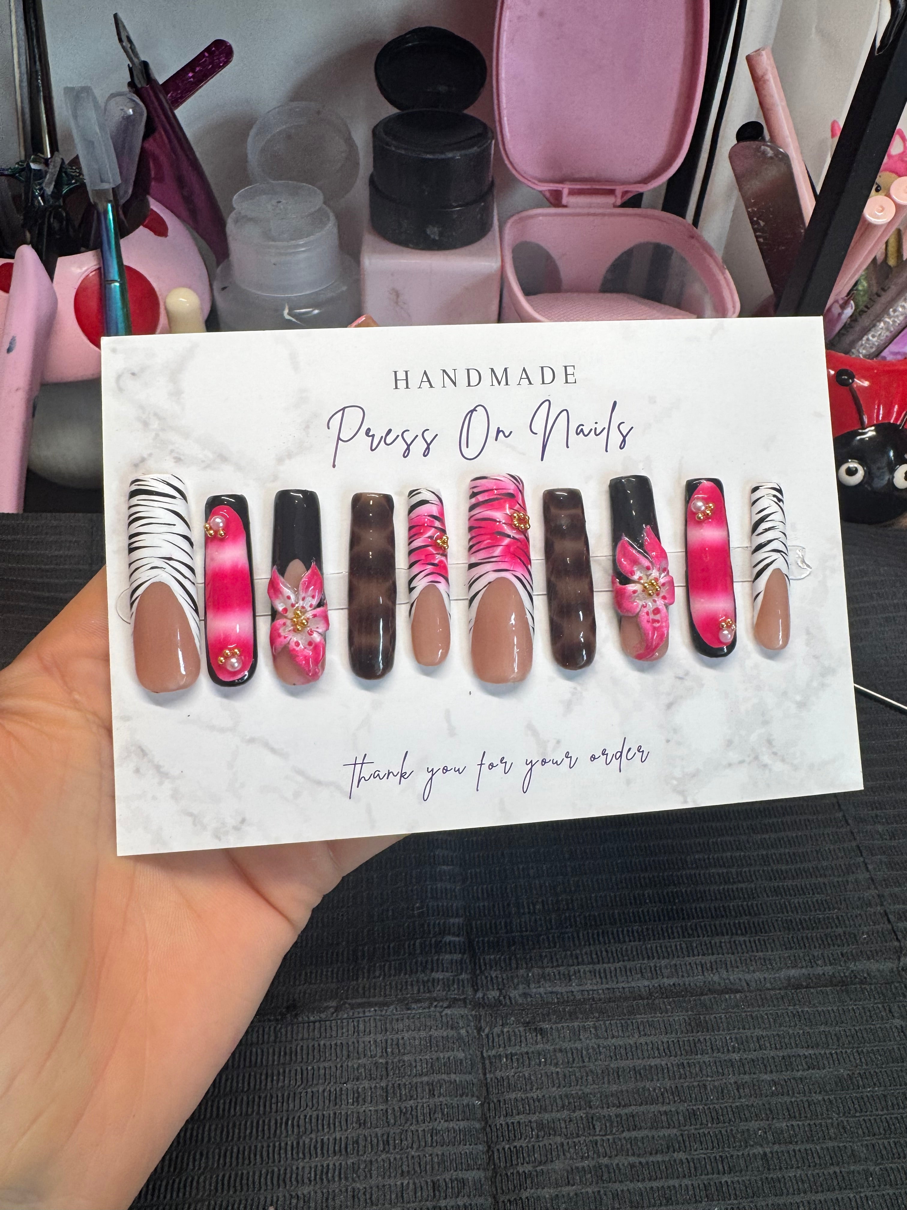 Handmade Press On Nails - Viral 3D Flower - Pink Bloom
