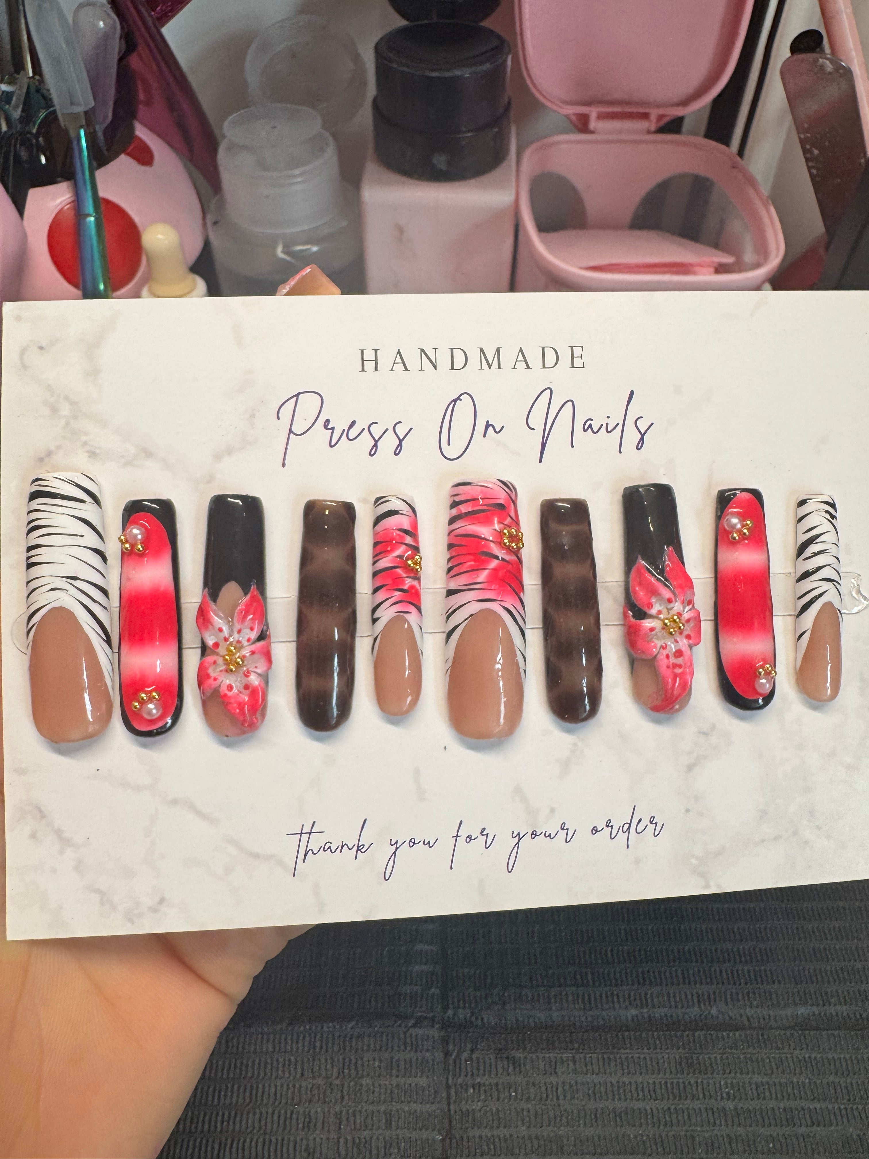 Handmade Press On Nails - Viral 3D Flower - Pink Bloom