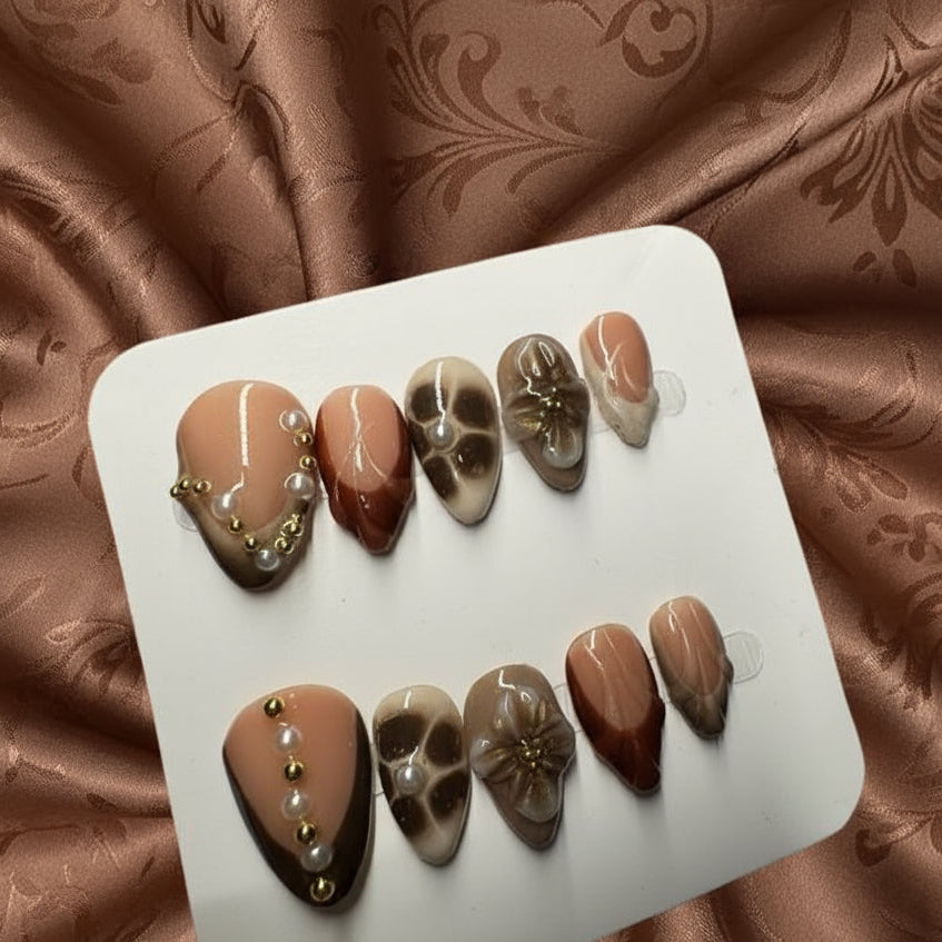 ☕ Mocha Pearl – 3D Bloom & Bead Accent Press-On Nails