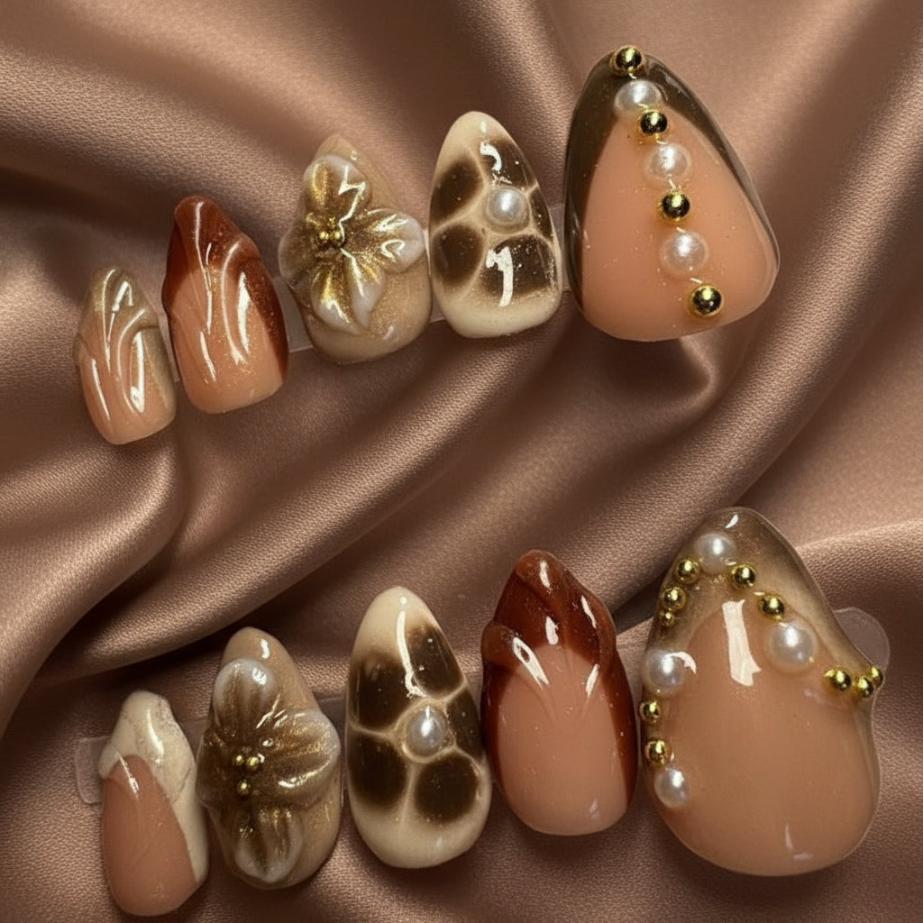 ☕ Mocha Pearl – 3D Bloom & Bead Accent Press-On Nails