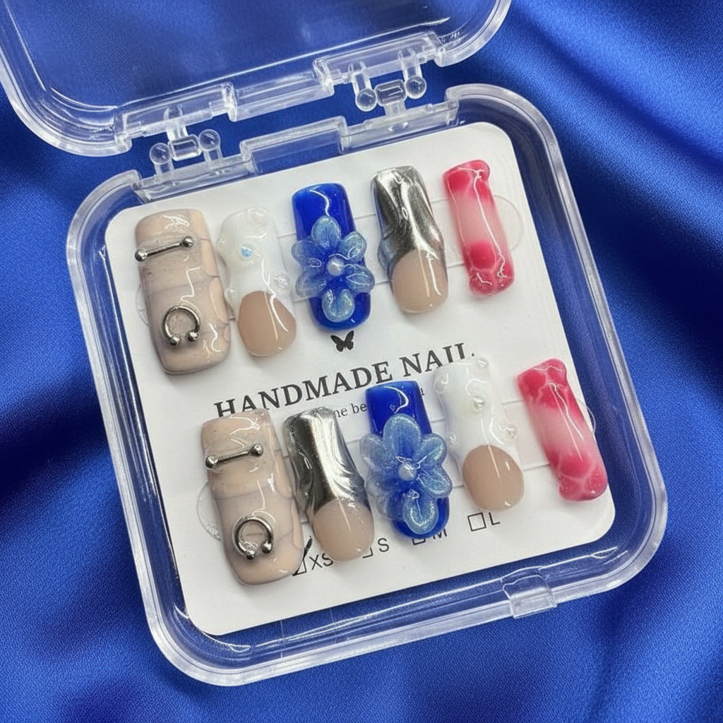 💎 Electric Bloom – Mixed Metal & Blue 3D Flower Press-On Nails