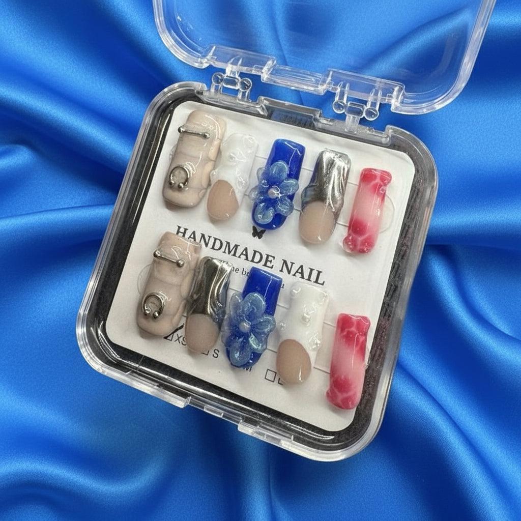💎 Electric Bloom – Mixed Metal & Blue 3D Flower Press-On Nails