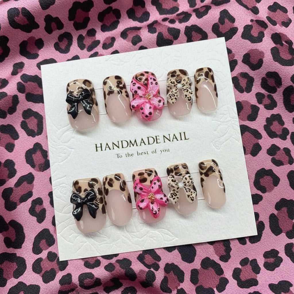 🐆 Bouji Leopard – 3D Bow & Leopard Print Press-On Nails