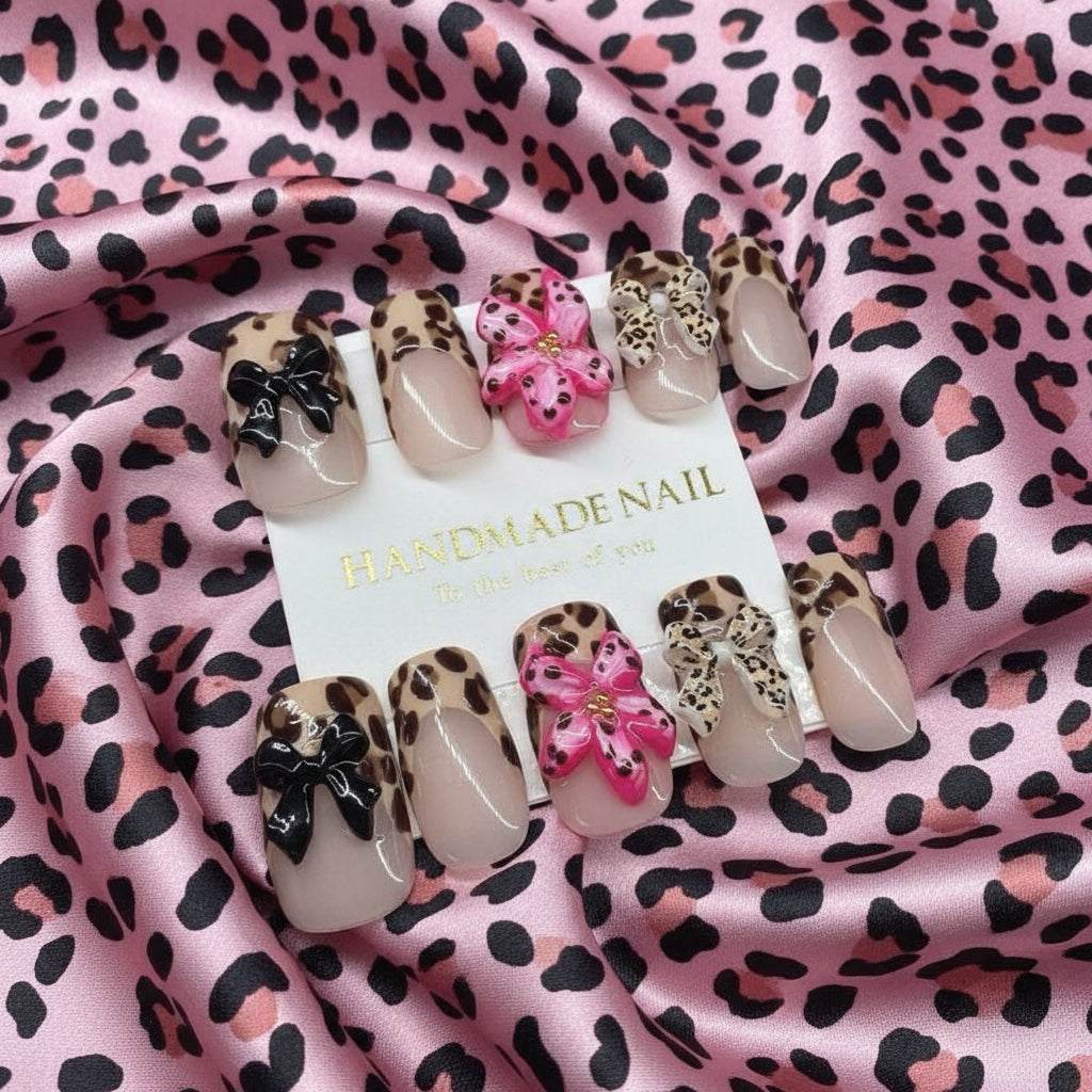 🐆 Bouji Leopard – 3D Bow & Leopard Print Press-On Nails