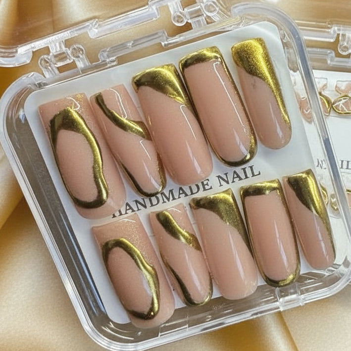 ✨ Molten Metal – Gold Chrome Swirl Press-On Nails