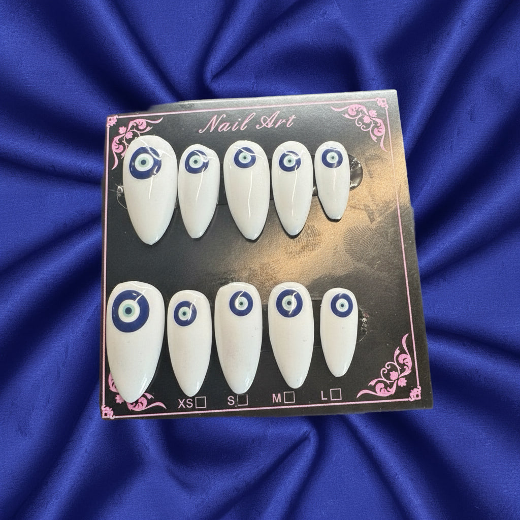 🧿 Evil Eye Energy – White & Blue Luxe Press-On Nails