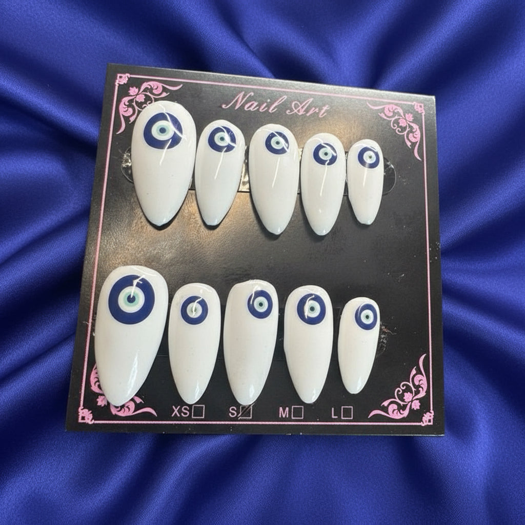 🧿 Evil Eye Energy – White & Blue Luxe Press-On Nails