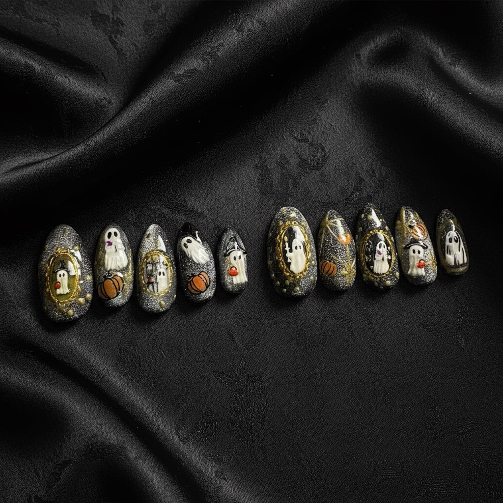 👻 Spooky Sweet – 3D Ghost & Pumpkin Press-On Nails