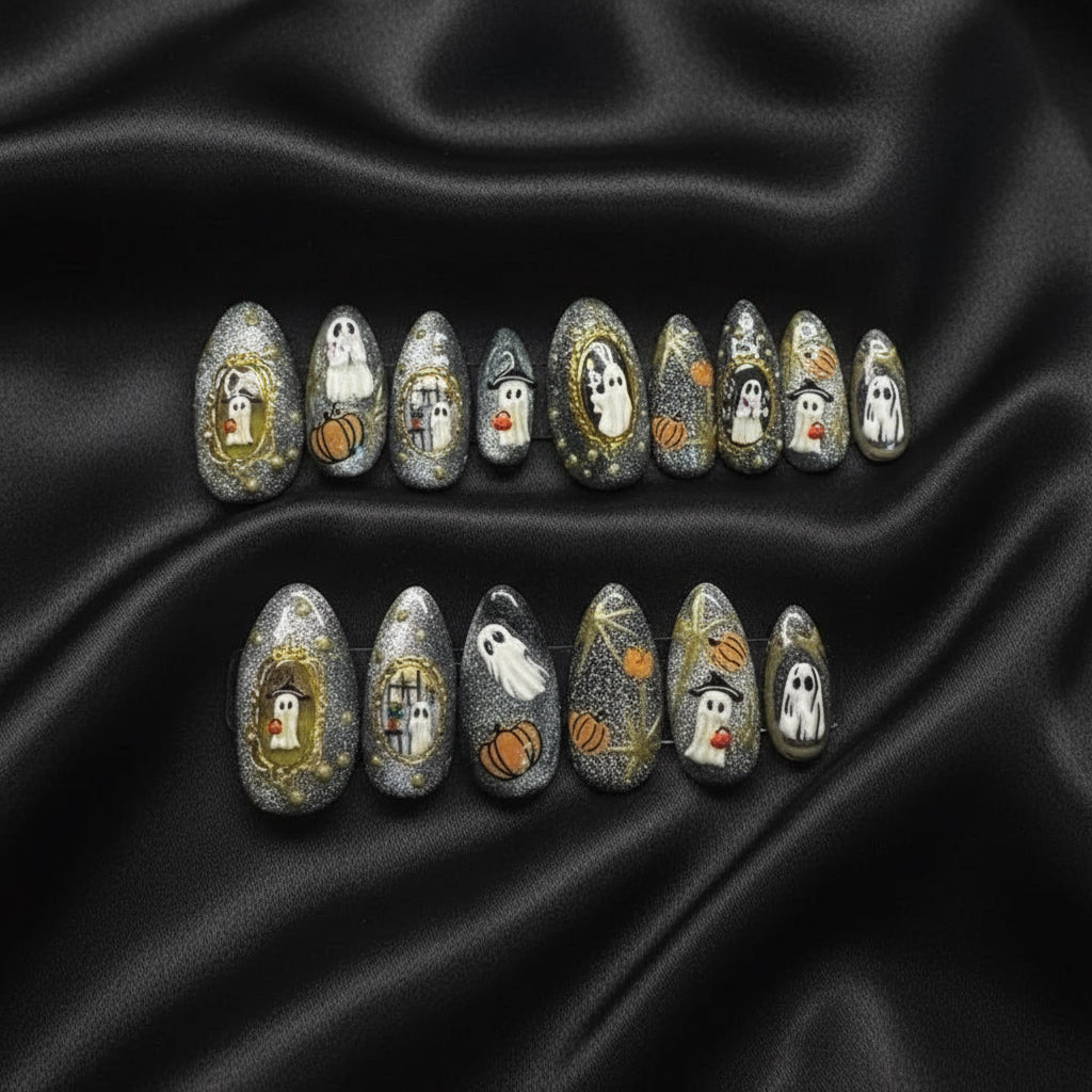 👻 Spooky Sweet – 3D Ghost & Pumpkin Press-On Nails