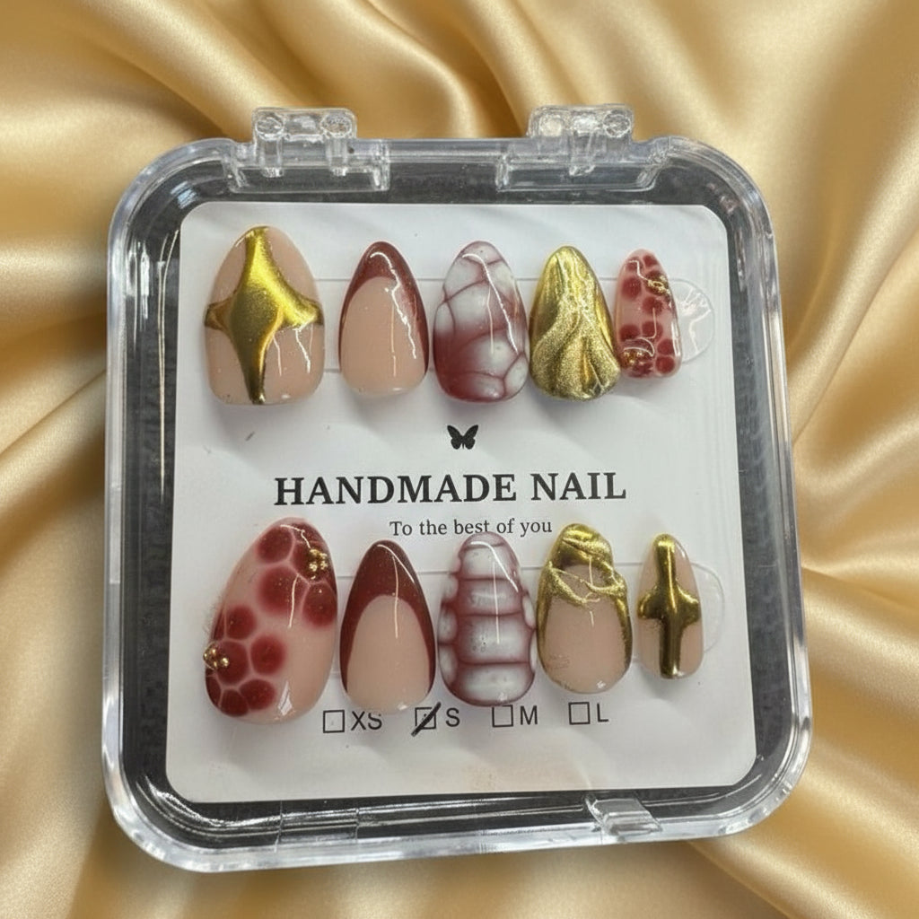 🩸 Blood Cherry Red – Gold Chrome & Marble Press-On Nails