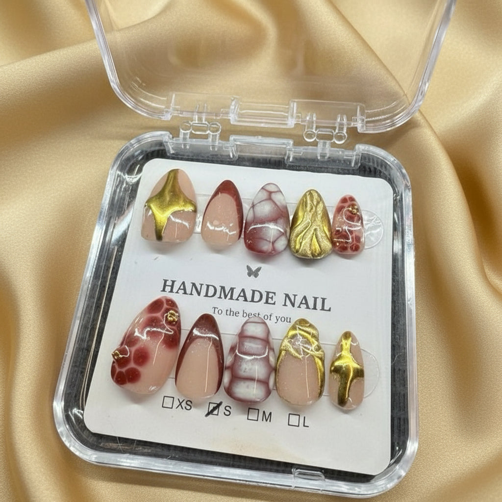 🩸 Blood Cherry Red – Gold Chrome & Marble Press-On Nails