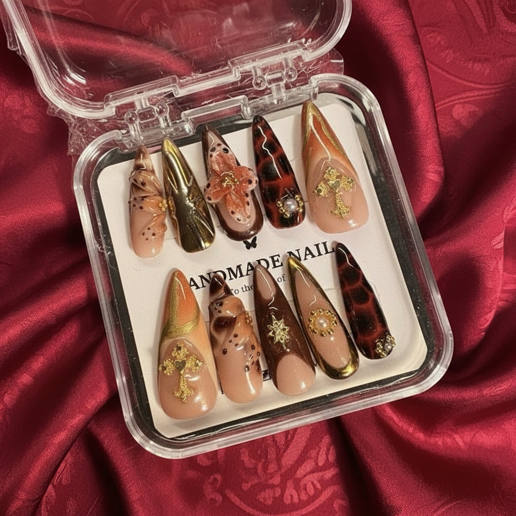 Luxury Bronze & Gold Cross Press-On Nails – 3D Flower & Pearl Accent Set | Badbpressed