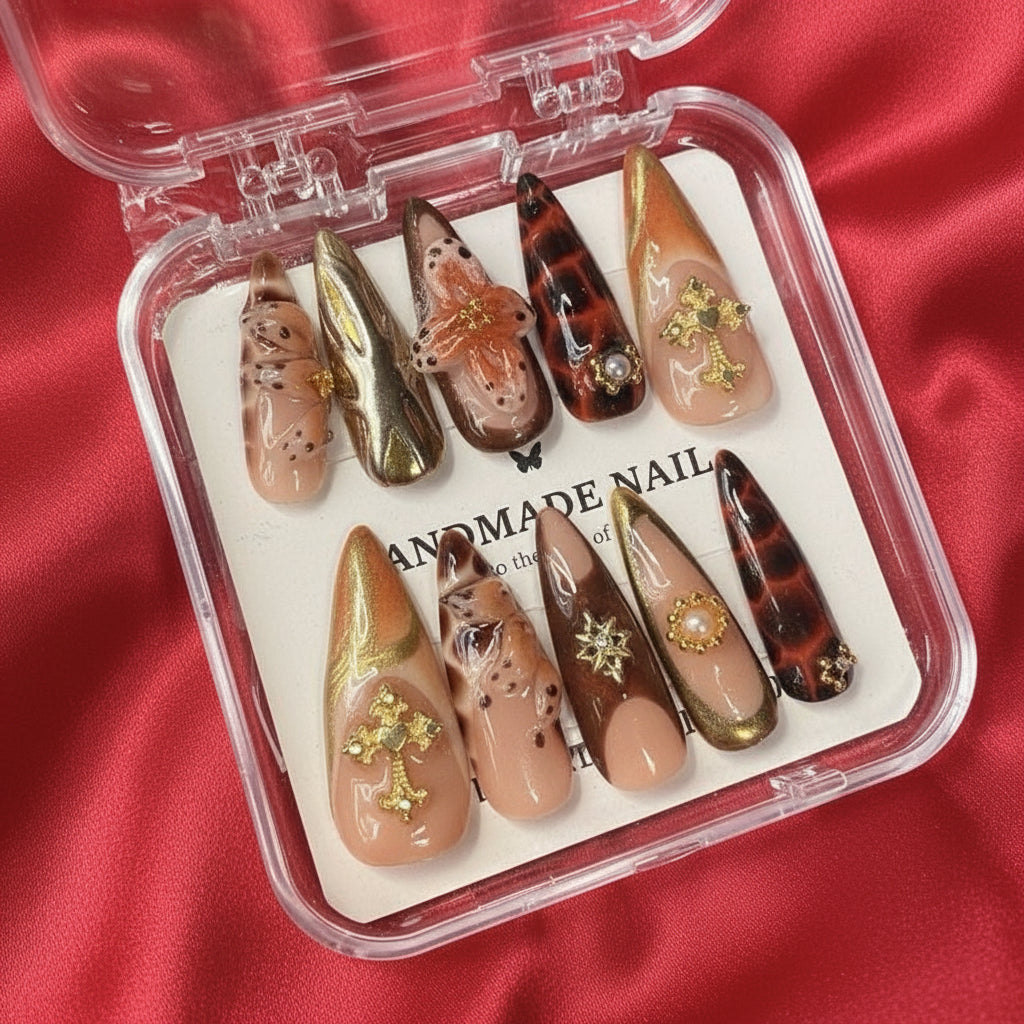 Luxury Bronze & Gold Cross Press-On Nails – 3D Flower & Pearl Accent Set | Badbpressed