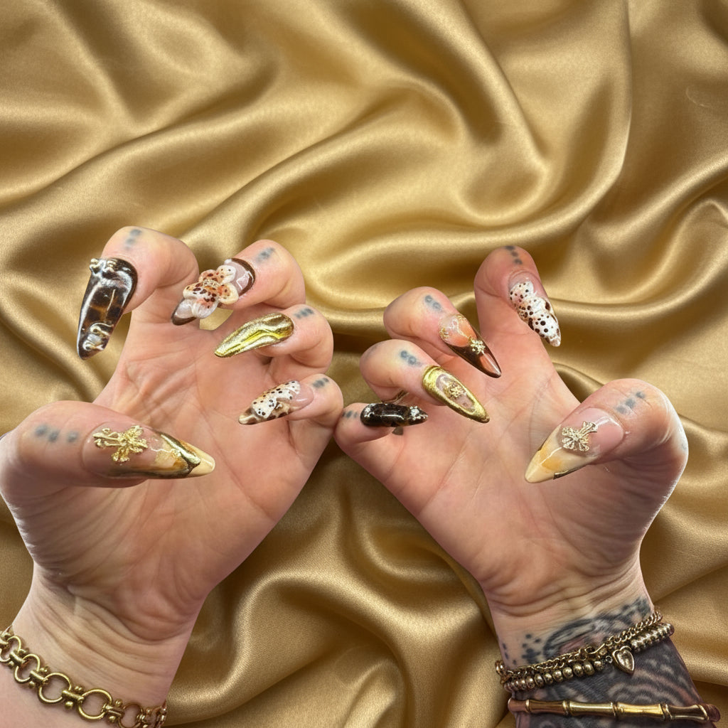 Luxury Bronze & Gold Cross Press-On Nails – 3D Flower & Pearl Accent Set | Badbpressed