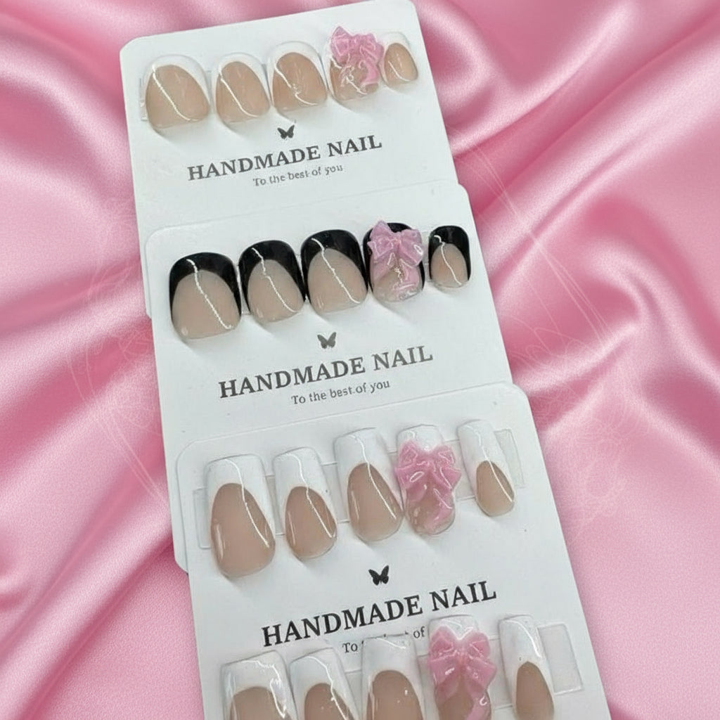 🎀 Bow Babe – French Tip Press-On Nails (Black or White Options)
