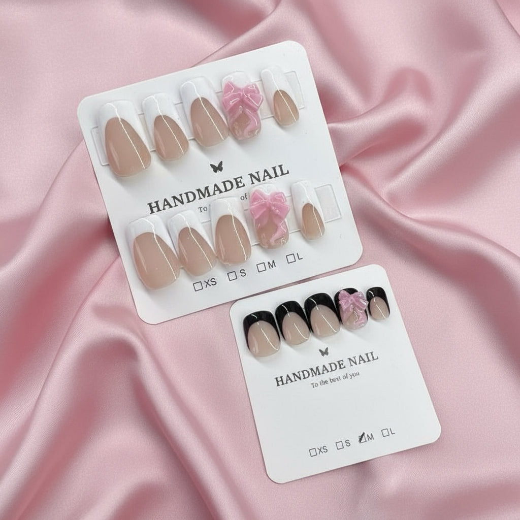 🎀 Bow Babe – French Tip Press-On Nails (Black or White Options)