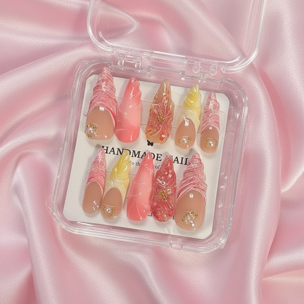 🌸 Candy Drip Dream Beach – Pink & Yellow Swirl Press-On Nails